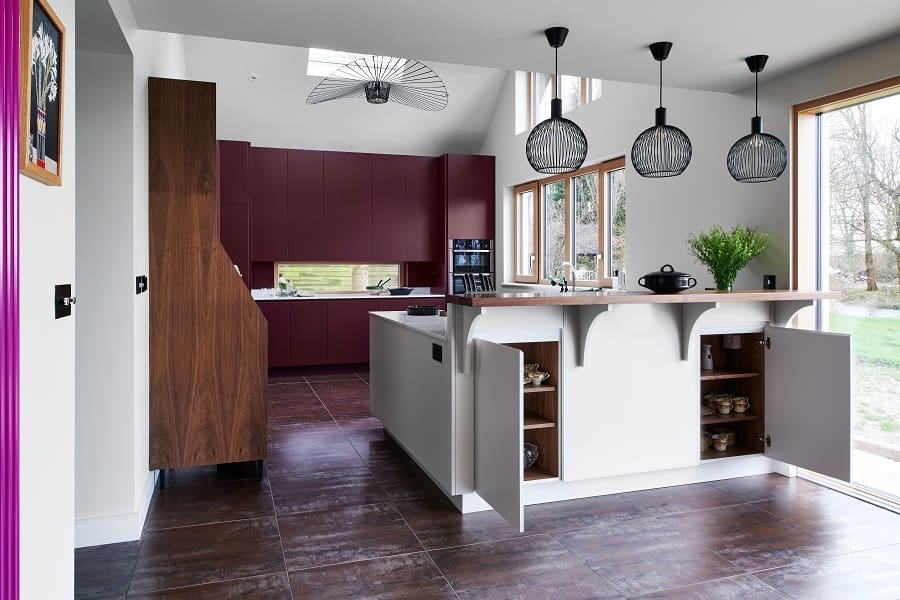 Spray painted handle-less kitchen. Walnut interiors, anti-allergy